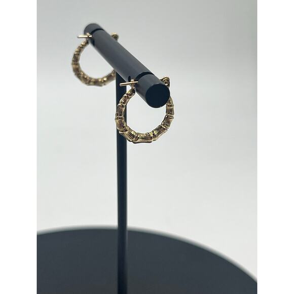 JCM Jacmel 14k Yellow Gold Vintage Marked Bamboo Shrimp Hoop Huggie Earrings - Picture 4 of 10